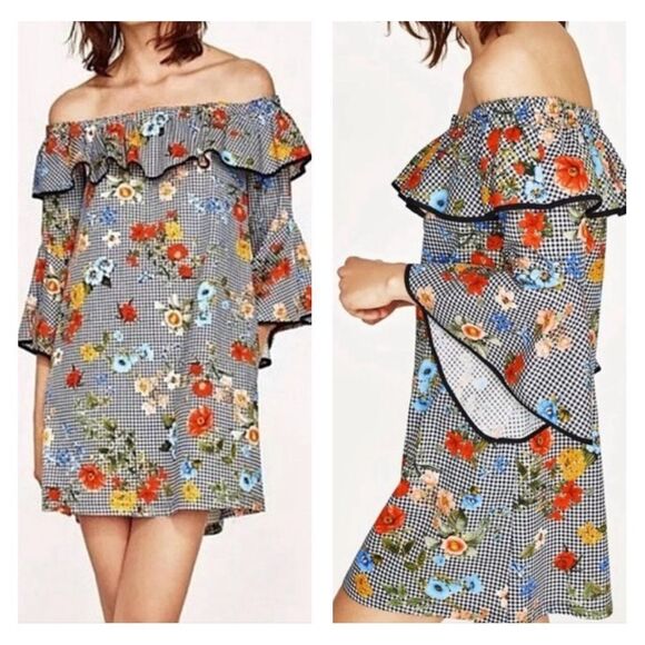Zara Basic checkered & Liberty floral print mini dress S bell sleeves - Picture 1 of 9